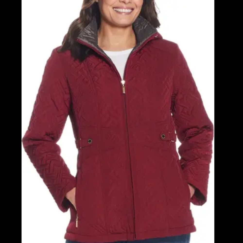Gallery Maroon Zip Up Quilted Jacket Zipper Pockets